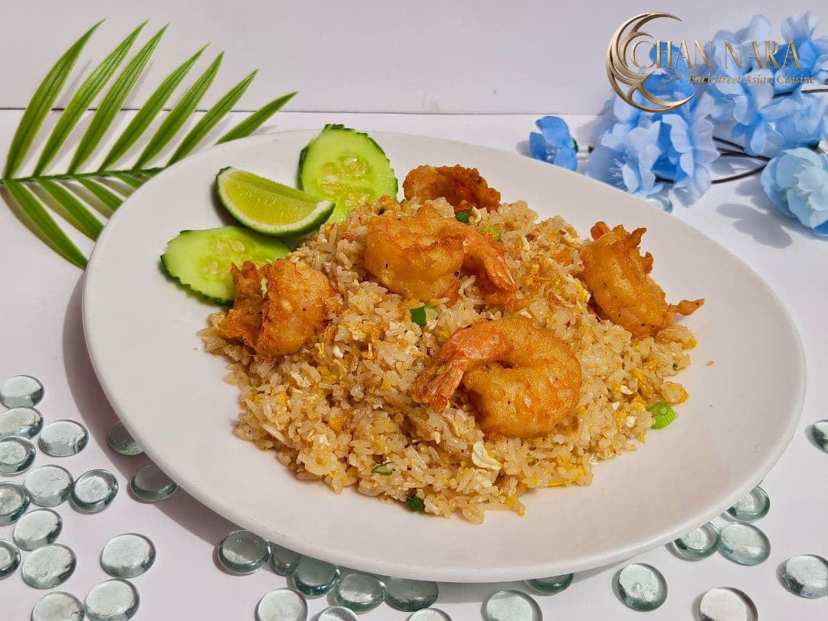 Garlic Pepper Fried Rice with jasmine rice, garlic, deep-fried shrimp, and black pepper