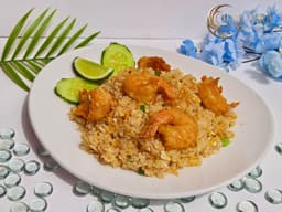 Garlic Pepper Fried Rice with jasmine rice, garlic, deep-fried shrimp, and black pepper