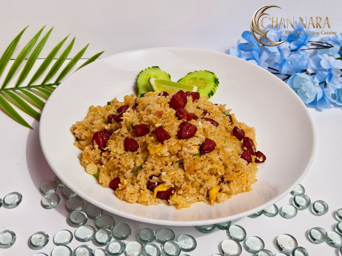 Thai Sausage Fried Rice with jasmine rice, Thai pork sausage, golden scrambled eggs, and scallions