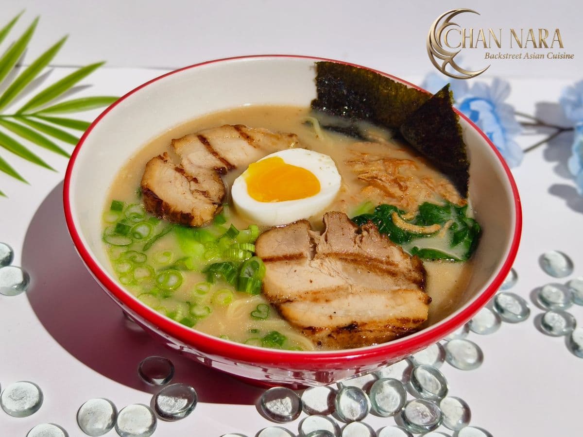 Tonkotsu Shoyu with pork chashu, egg, scallions, naruto, baby bokchoy, fried onion, and nori