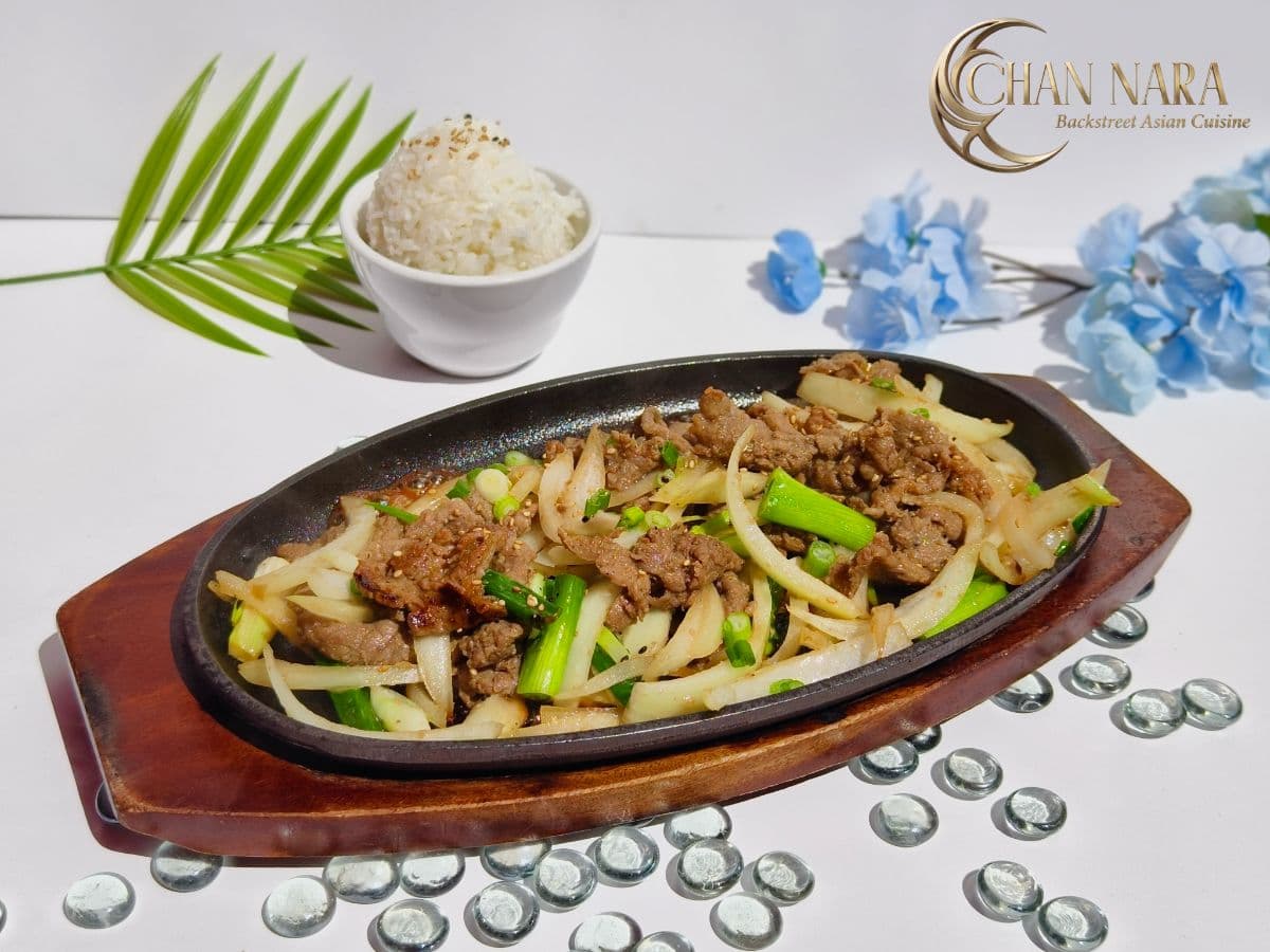 Bulgogi with minced beef in homemade bulgogi sauce, onions, scallions, and jasmine rice