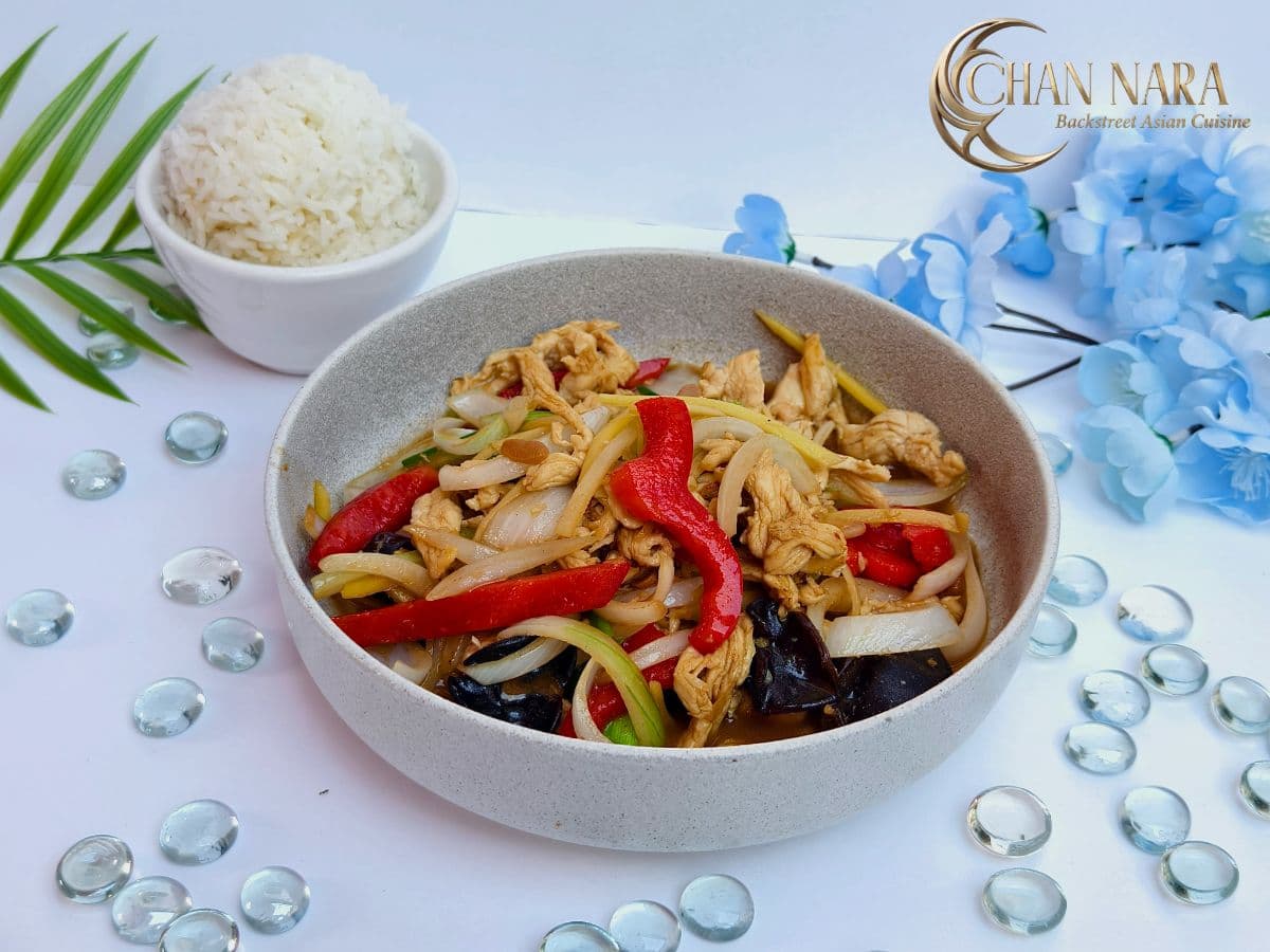 Ginger Delight stir fry with mushrooms, red peppers, onions, and ginger