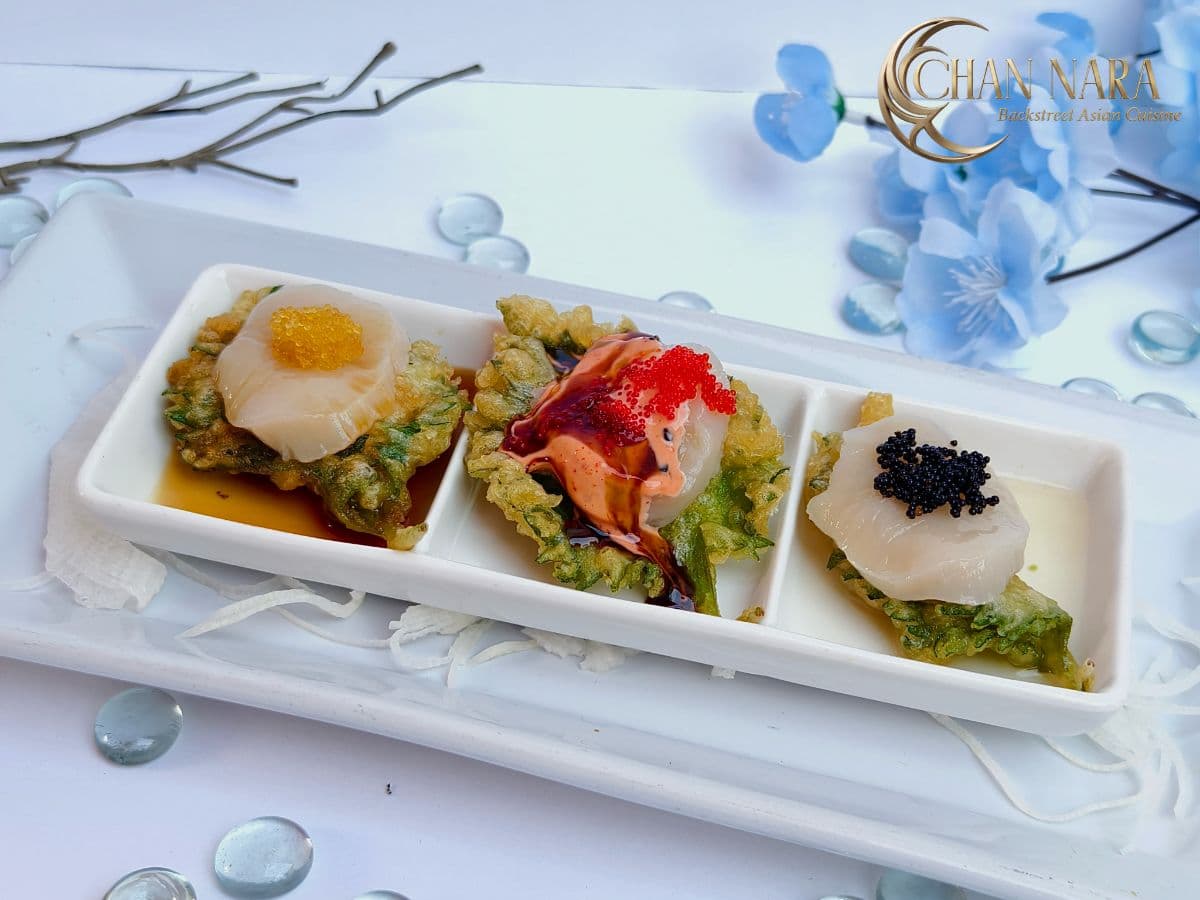 Shiso Scallop three pieces Japanese scallop three ways on crispy tempura fried shiso leaf